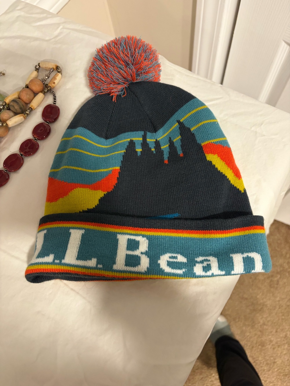 L.L. Bean Multicolor Scenic Pom Beanie - Teal, Navy, Orange, Yellow